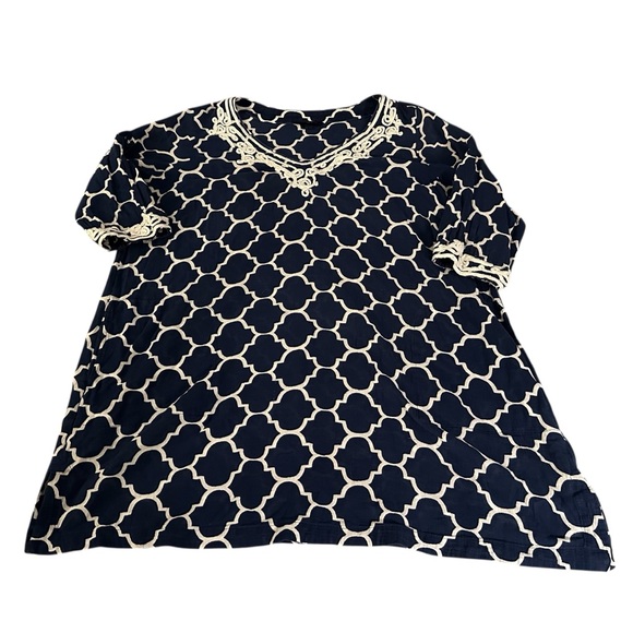 LANDS END PLUS 2X Blue White Quatrefoil Lattice Print Embroidered Dress R $119 - Picture 4 of 15